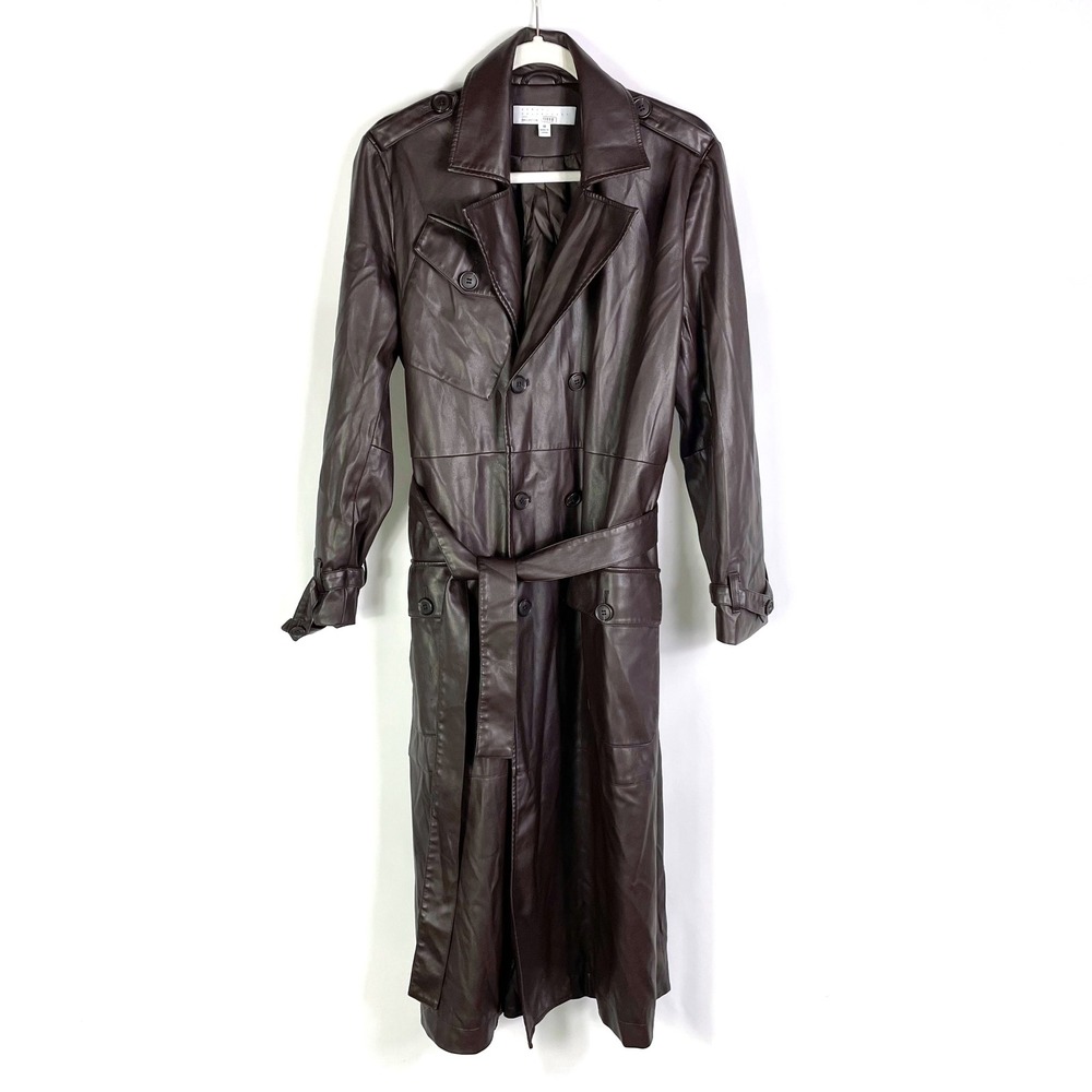 Osman Yousefzada Faux Leather Trench Coat Long Belted Brown‎ Vegan Sz 10 - Picture 5 of 16